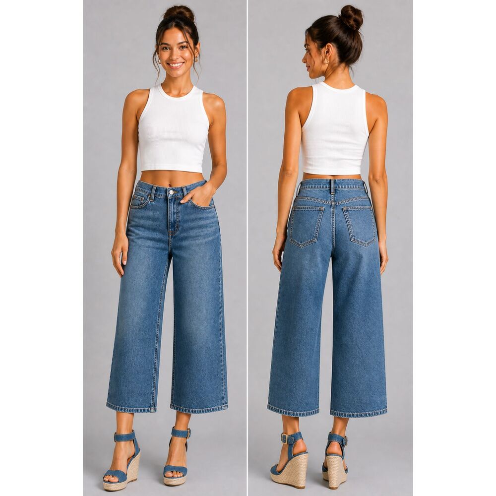 Westbound Quinn Wide-Leg Cropped Denim Jeans Medium Wash Cotton Sz 10 NWT